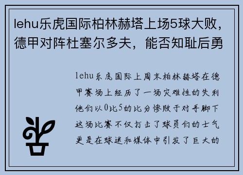 lehu乐虎国际柏林赫塔上场5球大败，德甲对阵杜塞尔多夫，能否知耻后勇？ - 副本